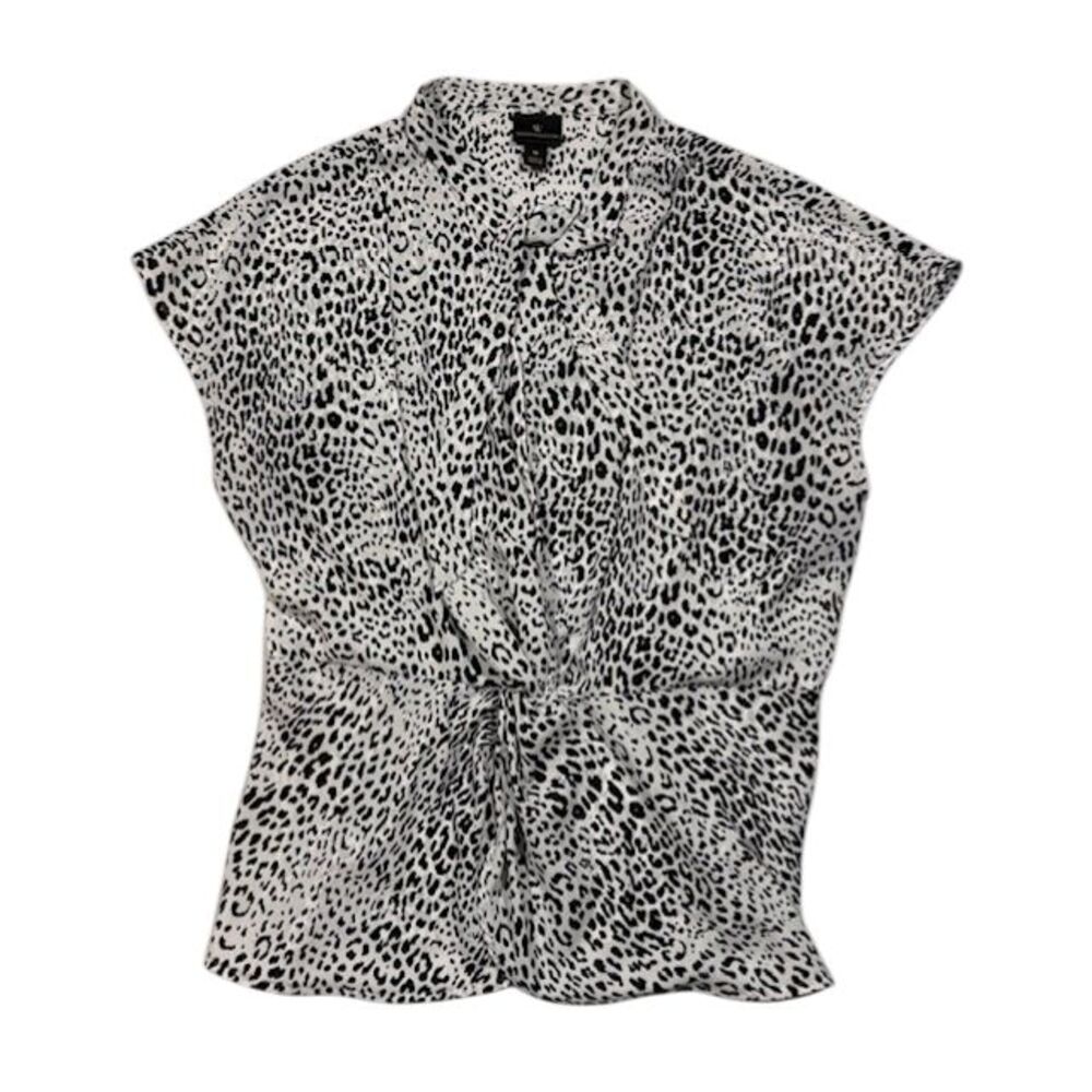 Worthington Womens Blouse Medium Black White Leopard Print Tie Neck Short Sleeve